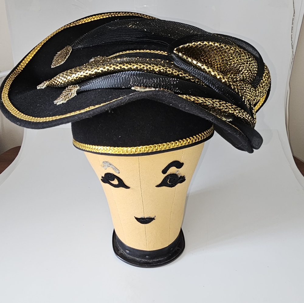 Deborah New York 100% Wool Fancy Church Hat Black and Gold